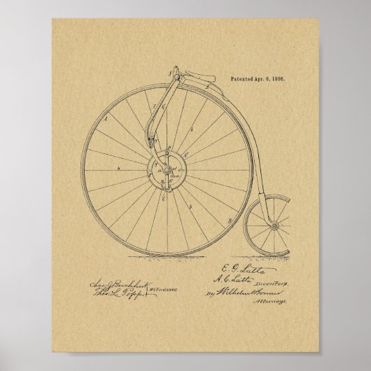 1886  High Wheeler Bicycle Patent Art Print (Voorkant)