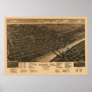 1886 Panorama Map Birds Eye Uitzicht of Waco, TX Poster