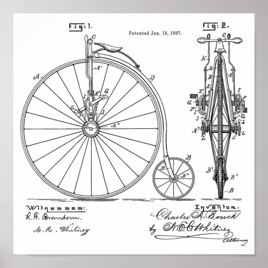 1887  High Wheeler Bicycle Patent Art Print (Voorkant)