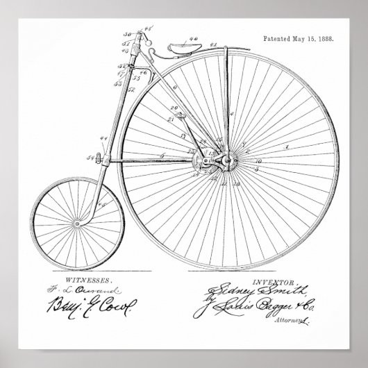 1888 High Wheeler Bicycle Patent Art Print (Voorkant)