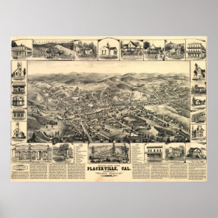 1888 Placerville CA Birds Eye Uitzicht Panoramic M Poster