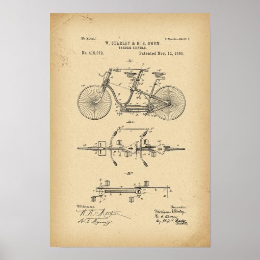1889 Patent tandem Bicycle Poster (Voorkant)