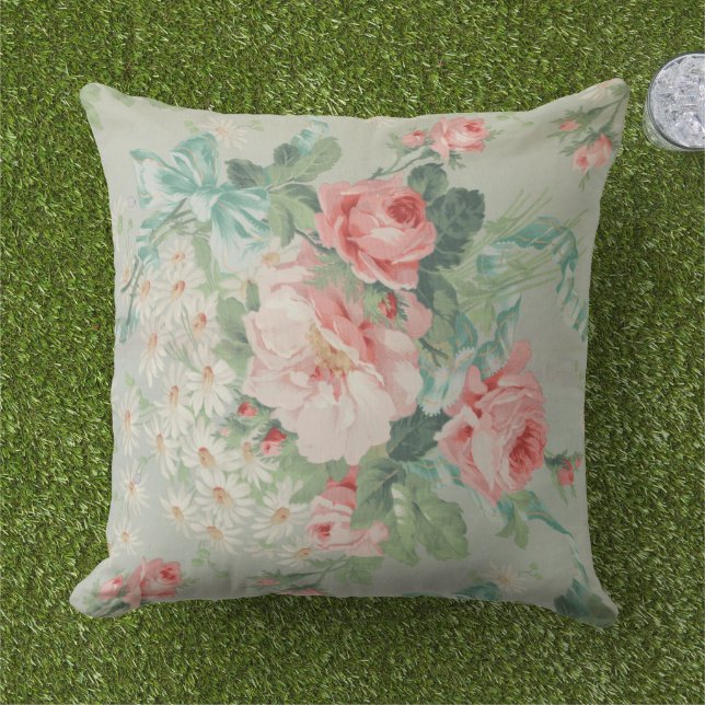 1890 Britse  Stof Rozen & Daisies Buitenkussen (Gras)