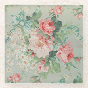 1890 Britse Stof Rozen & Daisies Glazen Onderzetter
