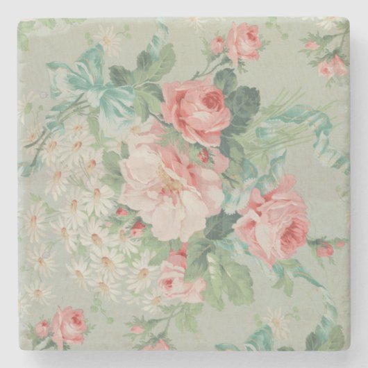 1890 Britse Stof Rozen & Daisies Stenen Onderzetter (Voorkant)