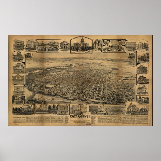 1890's Sacramento CA Birds Eye Uitzicht Panoramic  Poster (Voorkant)