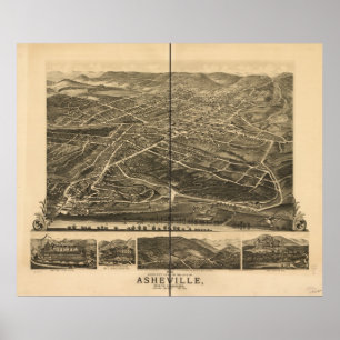1891 Asheville, NC Birds Eye Uitzicht Panoramic Ma Poster