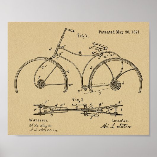 1891 Bicycle Lijst Design Patent Art Print (Voorkant)