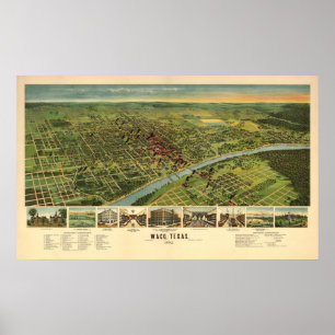 1892 Waco, TX Bird's Eye Uitzicht Panoramic Map Poster