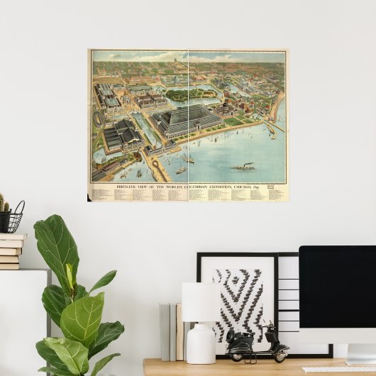 1893 Chicago, IL Birds Eye Uitzicht Panoramic Map Poster (Thuiskantoor)