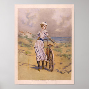 1894 Colour Bicycle & Art Print Girl Beach