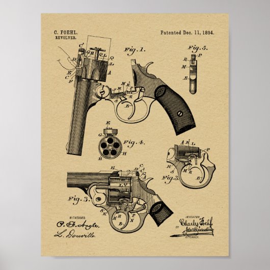 1894 Foehl Pistool Patent Art Drawing Print (Voorkant)