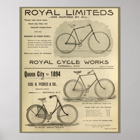 1894 Royal Cycle Works Bicycle en Art Poster (Voorkant)