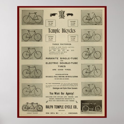 1896 Vintage Temple Bicycles Ad Art Poster (Devant)