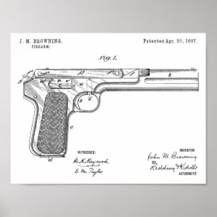 1897 Browning Pistool Patent Art Drawing Print