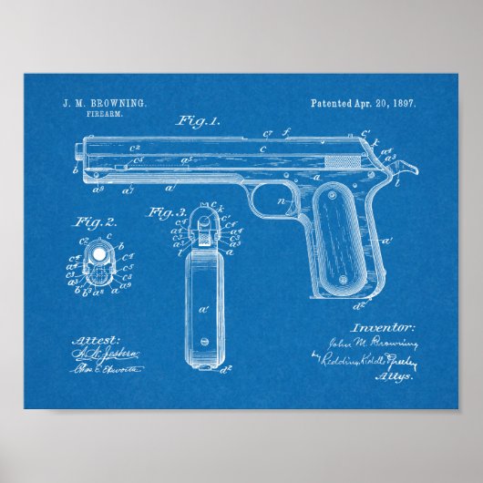 1897 Browning Pistool Patent Art Drawing Print (Voorkant)