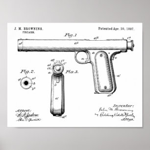 1897 Browning Pistool Patent Art Drawing Print