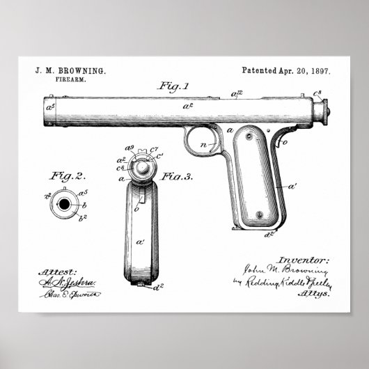 1897 Browning Pistool Patent Art Drawing Print (Voorkant)