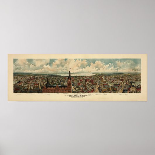 1898 Milwaukee, WI Birds Eye Uitzicht Panoramic Ma Poster (Voorkant)