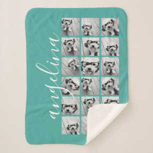18 Foto Collage - KAN blauwgroen wit script BEWERK Sherpa Deken