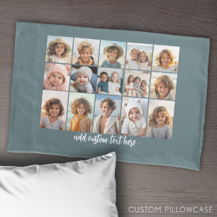 18 foto collage met witte tekst op blauw kussensloop