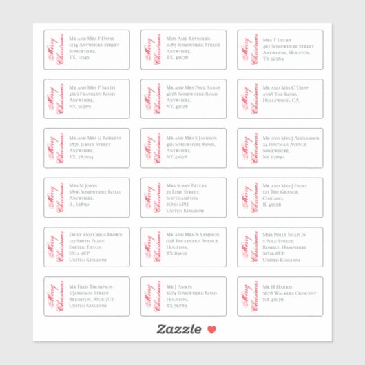 18 Naam ontvanger Adres Merry Christmas Script Sticker (Vel)