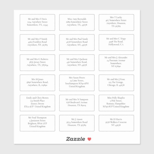 18 Ontvanger Huwelijk Gast Naam Adressen Serif Sticker (Vel)