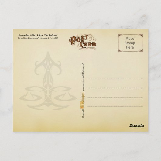 18 september 1884 Almanac. Weegschaal, de balans Briefkaart (Achterkant)