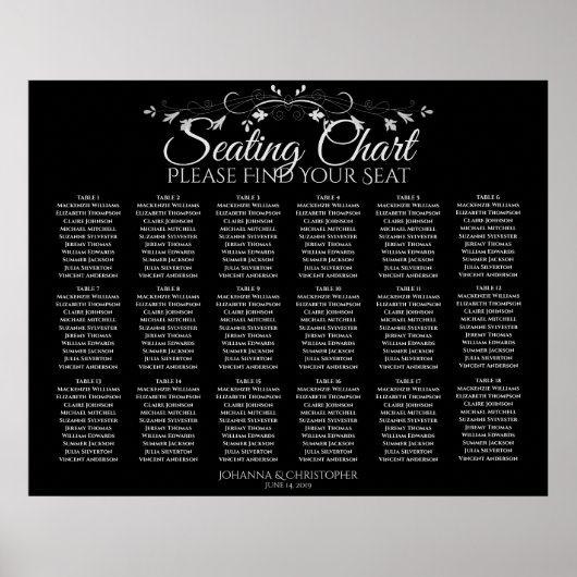 18 Tabel Elegant Black Wedding Seating Chart Poster (Voorkant)