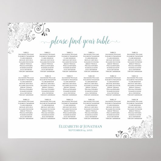 18 Tabel Frilly White Wedding Seating Chart Blauwg Poster (Voorkant)