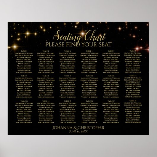 18 Tafel Gold Sparkles Black Wedding Seating Chart Poster (Voorkant)