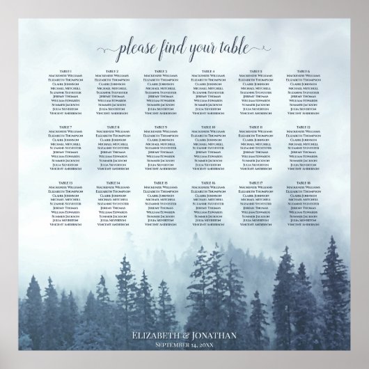 18 Tafel Misty Blue Pines Wedding Seating Chart Poster (Voorkant)