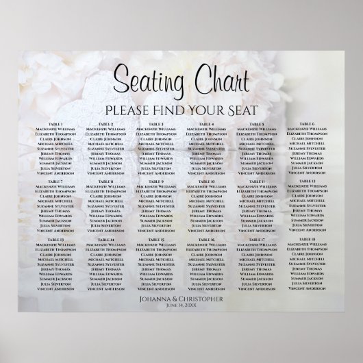 18 Tafel White Hearts Peony Wedding Seating Chart Poster (Voorkant)