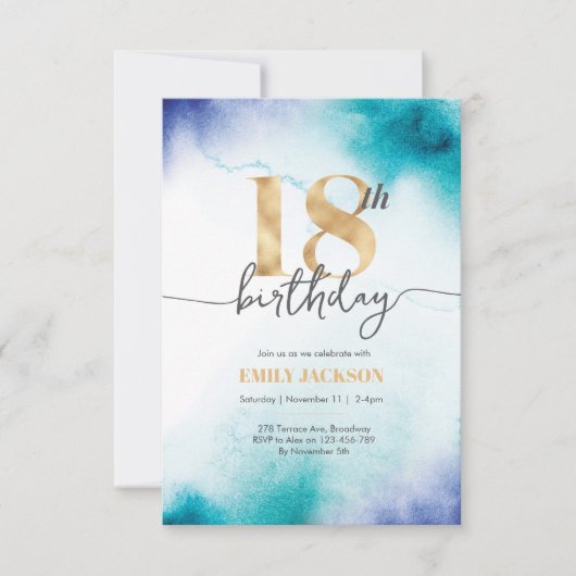 18e anniversaire Eau turquoise invitation or (Devant)