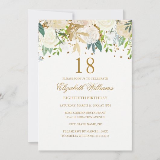 18e anniversaire Elégant or Floral Invitation (Devant)