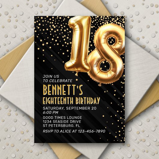 18e anniversaire Gold Black Invitation
