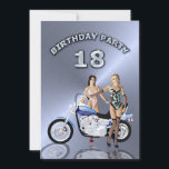 18e anniversaire Invitation à moto<br><div class="desc">Deux belles dames debout à côté d'une moto. Une belle carte pour l'homme qui aime voyager !</div>