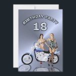 18e anniversaire Invitation à moto<br><div class="desc">Deux belles dames debout à côté d'une moto. Une belle carte pour l'homme qui aime voyager !</div>