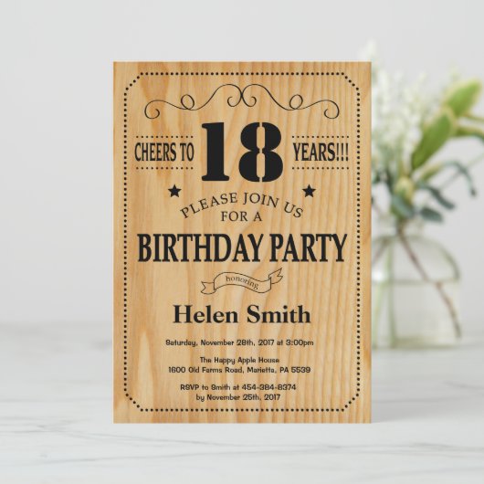 18e anniversaire Invitation Bois rustique (Debout devant)