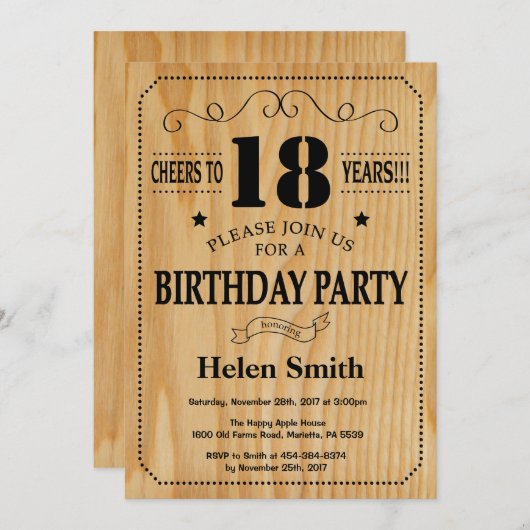 18e anniversaire Invitation Bois rustique (Devant / Derrière)