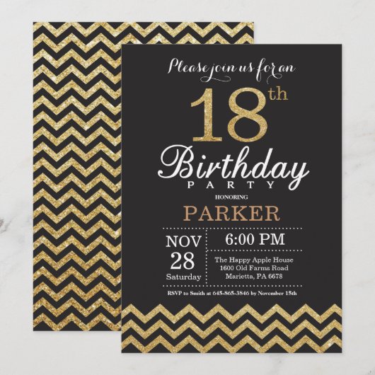 18e anniversaire Invitation Gold Parties scintilla (Devant / Derrière)