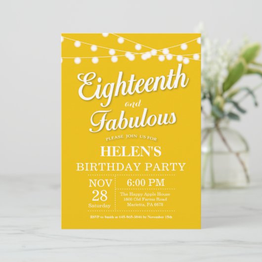 18e anniversaire Invitation Jaune Fabuleux (Debout devant)