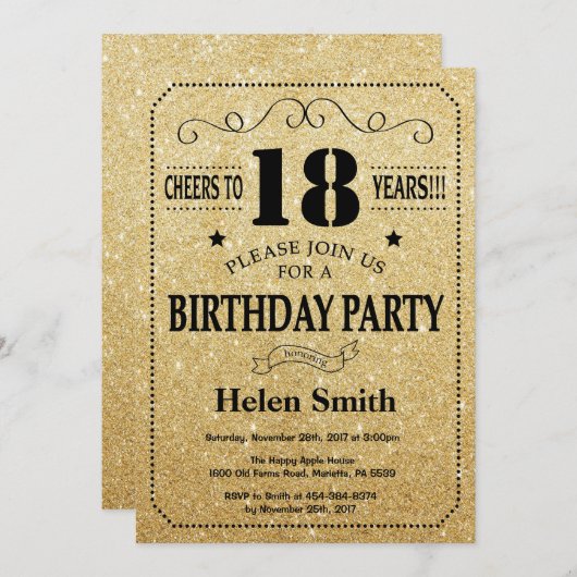 18e anniversaire Invitation Parties scintillant no (Devant / Derrière)