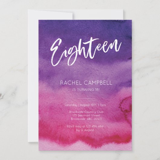 18e anniversaire Invitation Pink Purple Aquarelle (Devant)