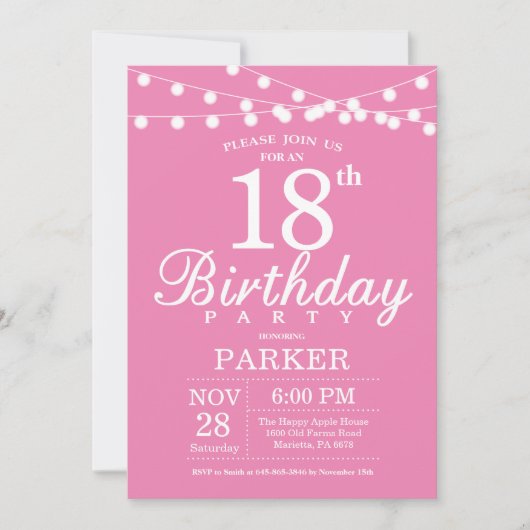 18e anniversaire Invitation rose (Devant)