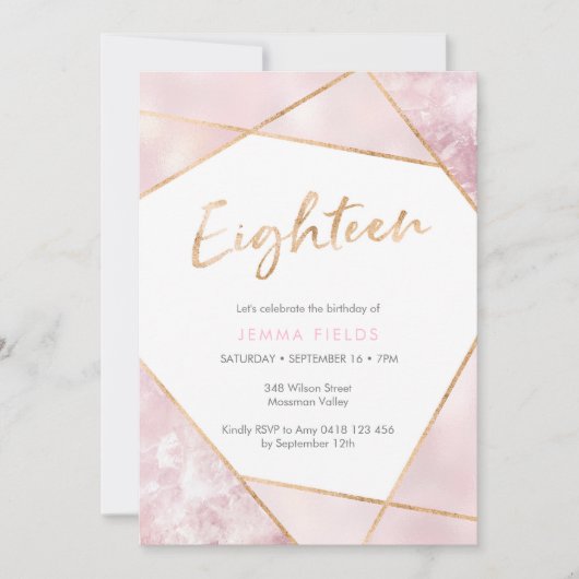 18e anniversaire Invitation rose et or (Devant)