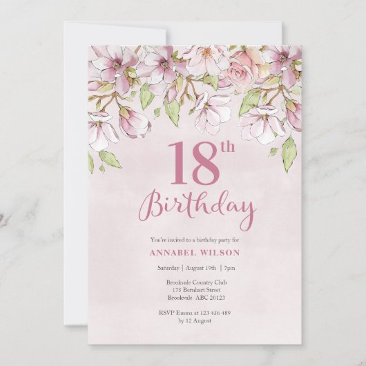 18e anniversaire Invitation rose florale (Devant)