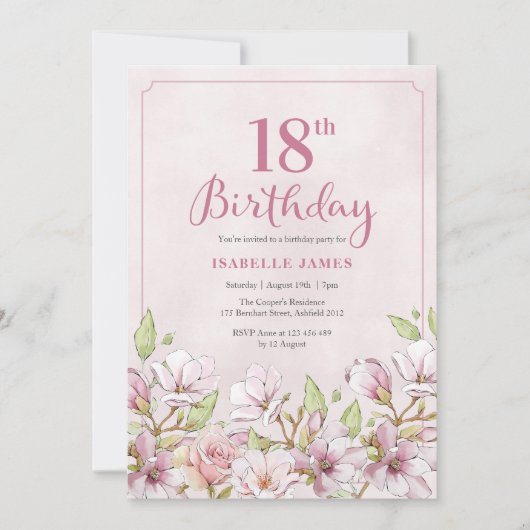 18e anniversaire Invitation rose florale (Devant)