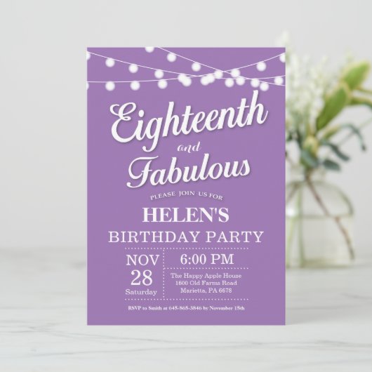 18e anniversaire Invitation violette fabuleuse (Debout devant)