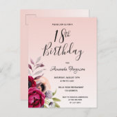 18e anniversaire rose Bourgogne invitation florale (Devant / Derrière)